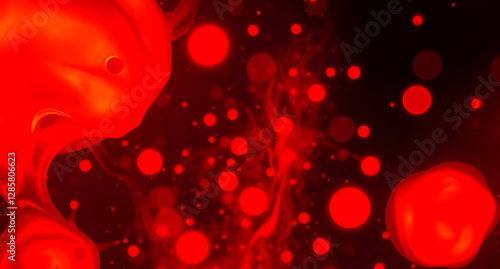 Molten lava lamp fluid background. Bright red and orange liquid blobs floating in darkness