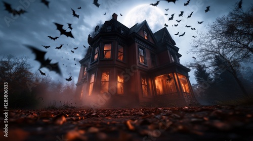 Eerie halloween night with a haunted house and bats spooky setting atmospheric photography dark mood gothic style photo