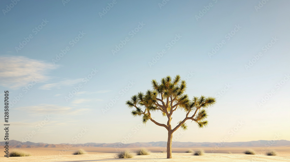 Solitary joshua tree in arid desert landscape on sunny day with blue sky.