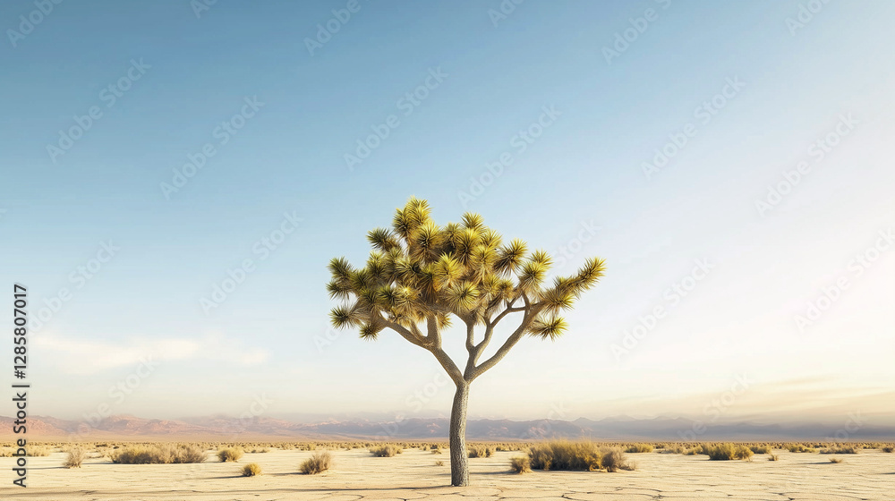 Solitary joshua tree in arid desert landscape on sunny day with blue sky.