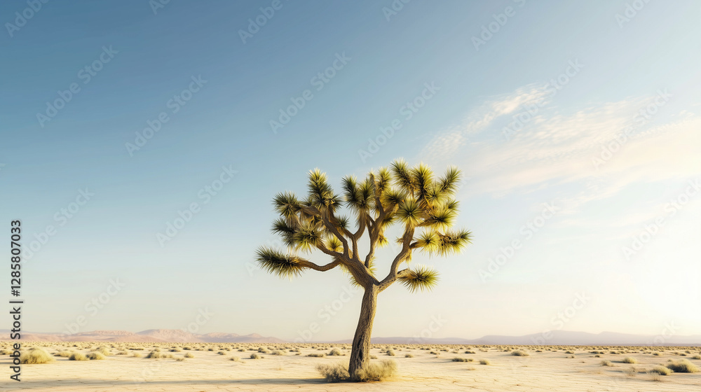 Obraz premium Solitary joshua tree in arid desert landscape on sunny day with blue sky.