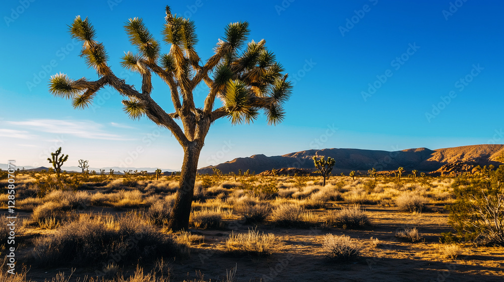 Solitary joshua tree in arid landscape with blue sky during golden hour.