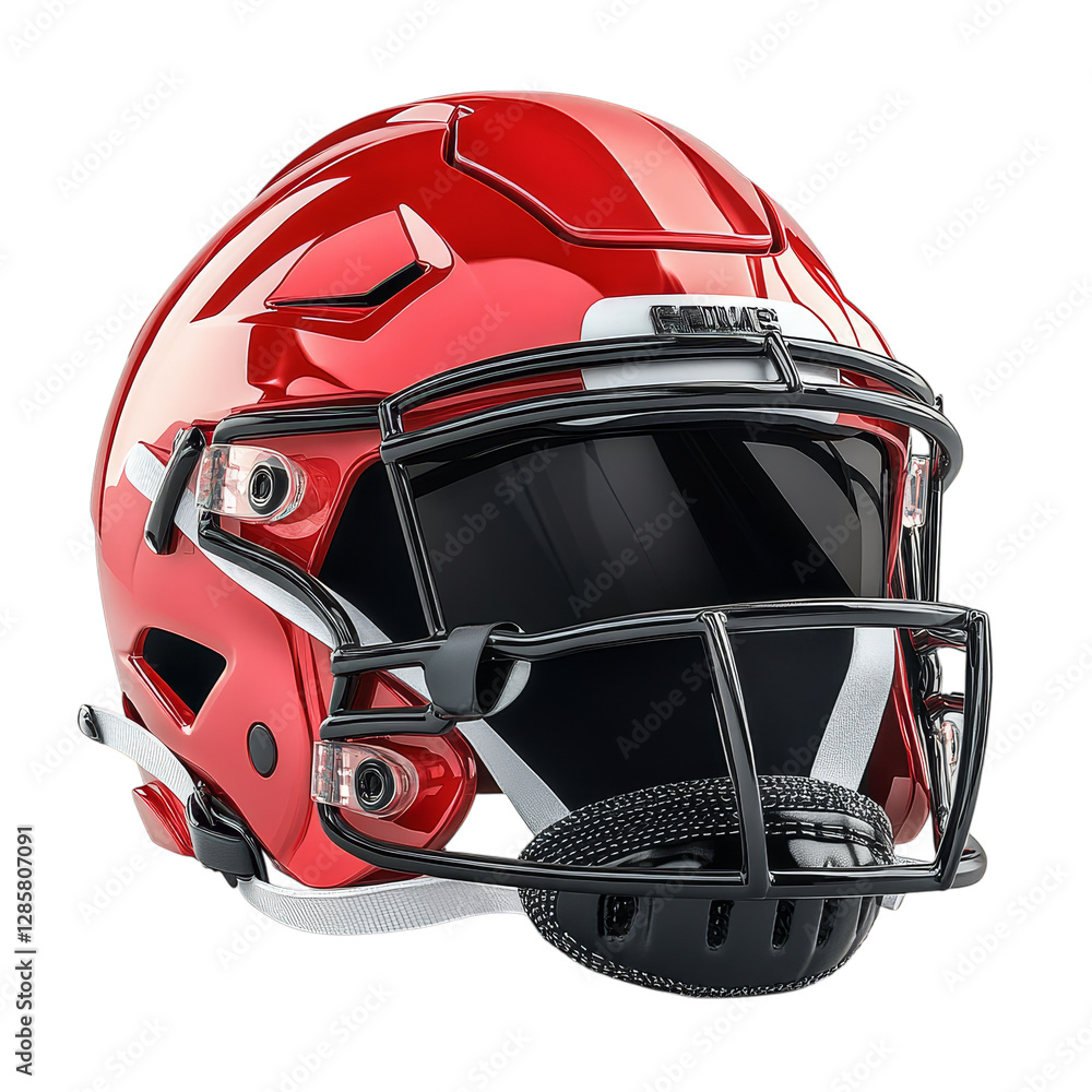 Fototapeta premium Red football helmet with visor and black faceguard on transparent background