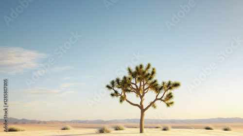 Obraz na płótnie Solitary joshua tree in arid desert landscape on sunny day with blue sky. w salonie