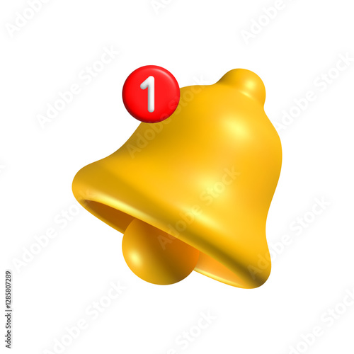 3D yellow notification bell icon with a red badge displaying the number one, isolated on a white background. Shiny metallic ringing bell symbolizing alerts, messages, notifications, and reminders