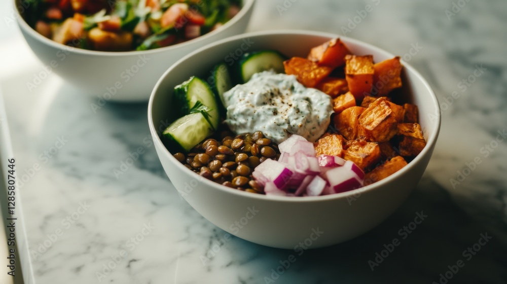Wholesome Greek inspired Buddha bowl with roasted sweet potatoes and lentils served with vegan tzatziki Wholesome Greek inspired Buddha bowl with roasted sweet potatoes and lentils served with vegan tzatziki