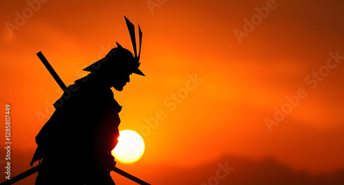 Hazy silhouette of a samurai warrior background. Lone figure with a katana against an orange sunset