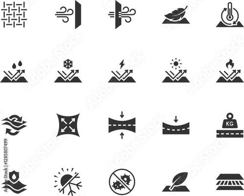 Vector set of fabric properties flat icons. Contains icons waterproof, breathable, elastic, antistatic, windproof, soft and more. Pixel perfect.