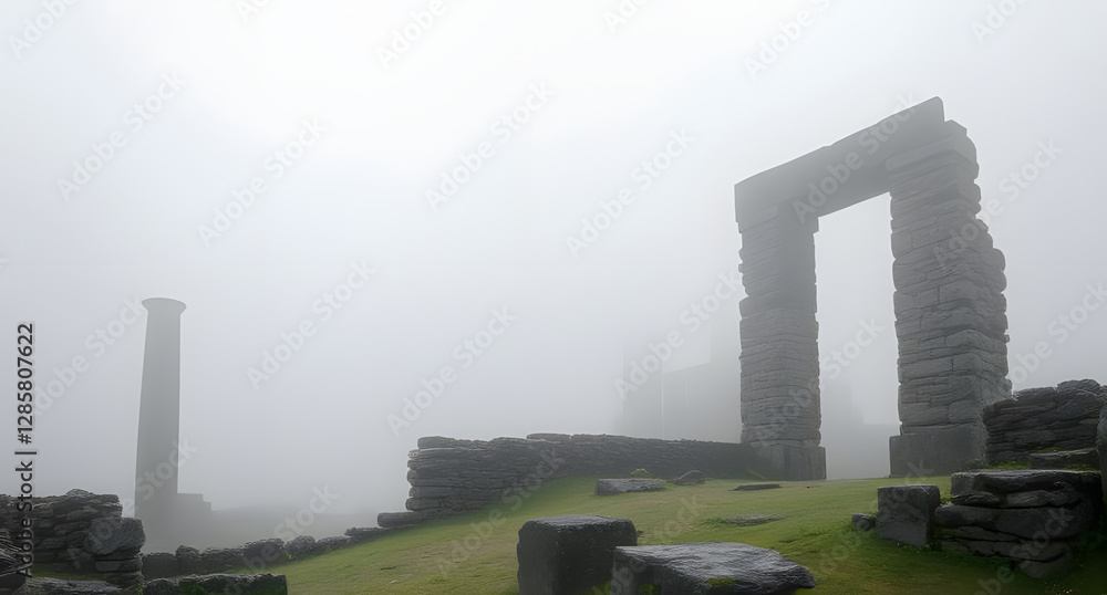 Ancient stone ruins shrouded in mist background. Mysterious remnants of a lost civilization