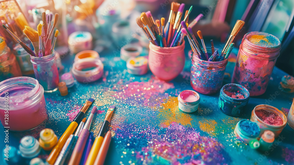 Obraz premium Colorful Art Supplies and Glitter with Paint Brushes on Turquoise Background