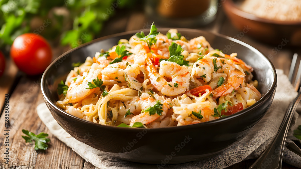 Delicious Shrimp Pasta Dish with Fresh Ingredients and Herbs in Rustic Setting : Generative AI Delicious Shrimp Pasta Dish with Fresh Ingredients and Herbs in Rustic Setting : Generative AI