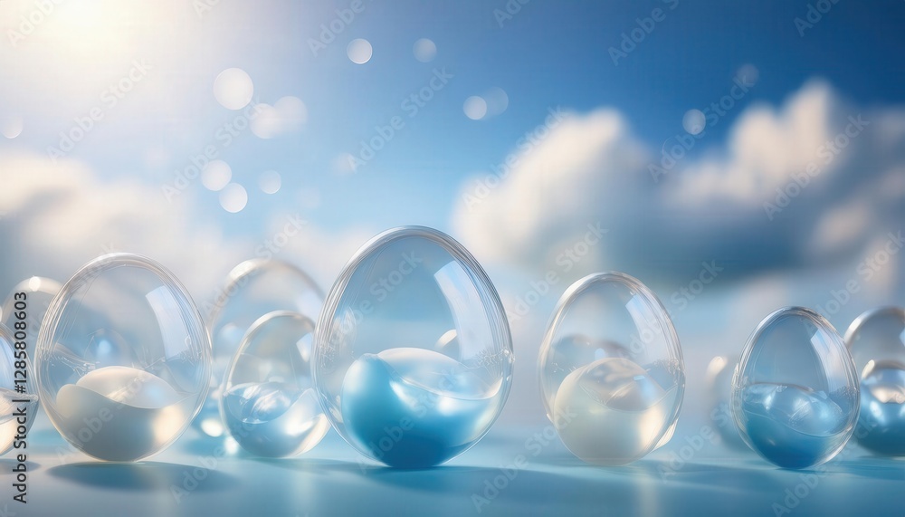A light, airy Easter background with a pastel blue sky and wispy clouds. Floating, gentle Easter eggs and soft floral elements create a dreamy, festive atmosphere. A light, airy Easter background with a pastel blue sky and wispy clouds. Floating, gentle Easter eggs and soft floral elements create a dreamy, festive atmosphere.