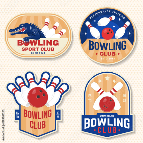 Bowling sports club stickers, logos, badges design. Vintage design with bowling pins, crocodile and ball silhouette. Vector.