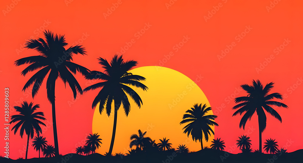 Sunset orange and pink gradient with silhouettes of palm trees. Tropical and calming design Sunset orange and pink gradient with silhouettes of palm trees. Tropical and calming design