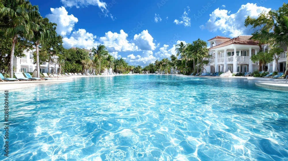 Fototapeta premium Tropical resort pool, sunny day, palm trees, relaxation