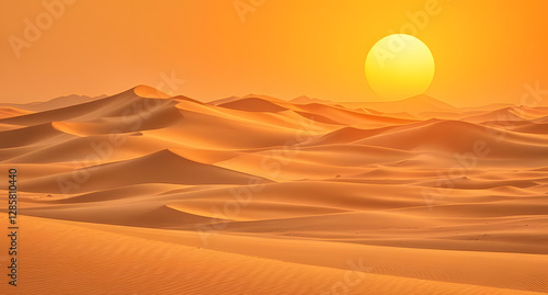 Fototapeta Naklejka Na Ścianę i Meble -  Expansive desert landscape with rippling sand dunes background. Warm tones blending under a scorching sun