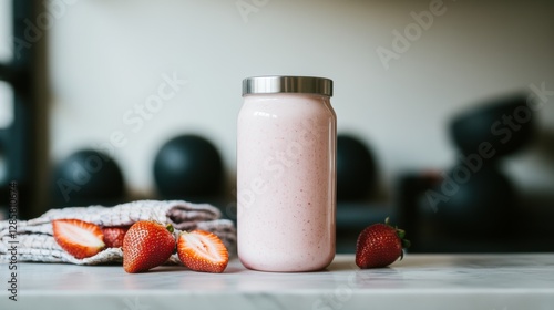 Enjoying a refreshing strawberry oat protein shake in a modern to go bottle on a gym bench with workout gear in the background