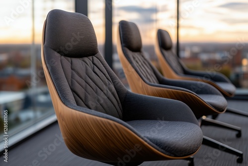 Stylish ergonomic seating in a chic coworking lounge with panoramic city views