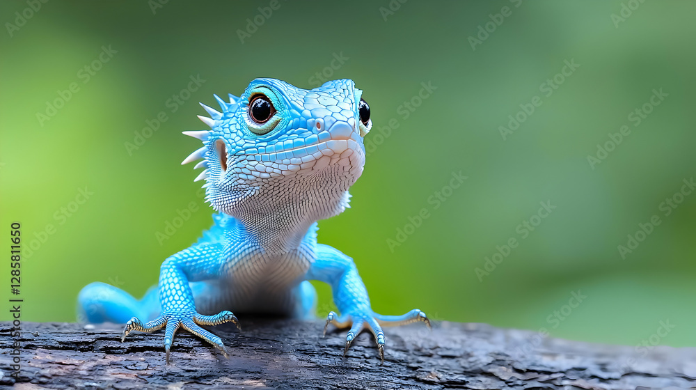 Fototapeta premium Vibrant blue baby lizard perched on a wooden branch in a lush green forest during daytime.