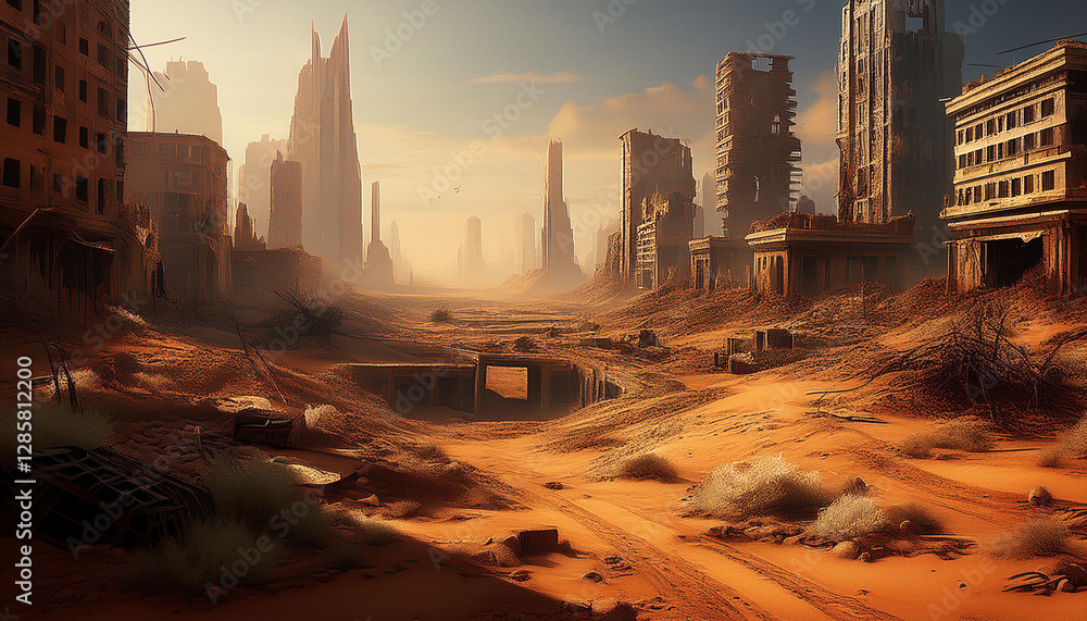 Ruined post-apocalyptic city with crumbling skyscrapers and abandoned buildings. A desolate urban wasteland, silent and eerie, marked by decay and destruction.