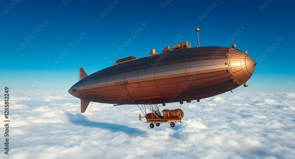Obraz premium Steampunk airship floating above clouds background. Massive bronze and copper zeppelin hovering