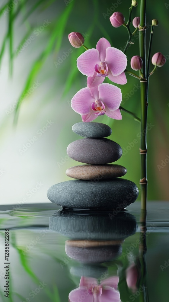 Obraz premium Zen balance with orchid flowers and smooth stones in tranquil water reflection
