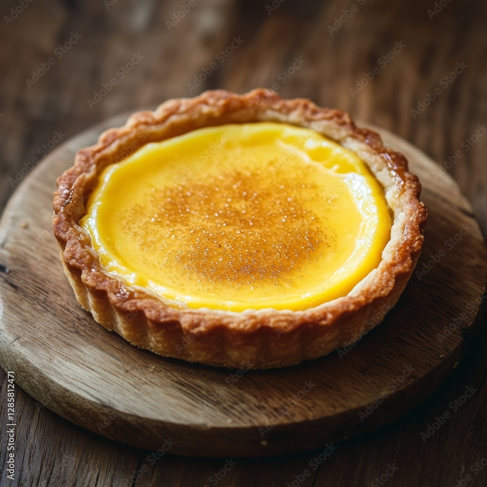 Classic Egg Tart with Rich Yellow Filling on Wooden Board Classic Egg Tart with Rich Yellow Filling on Wooden Board
