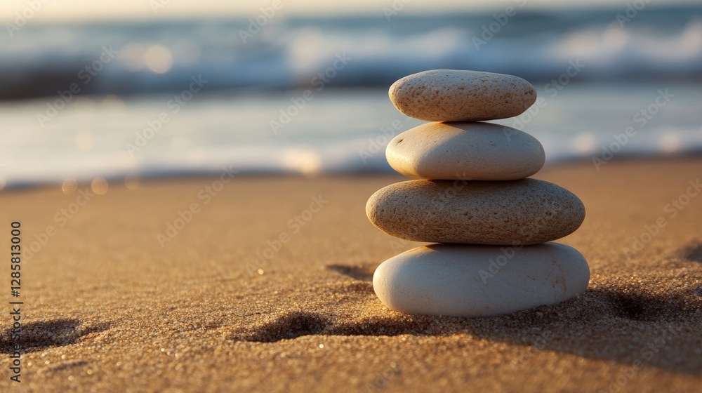 Zen stone stack on tranquil beach at sunset Zen stone stack on tranquil beach at sunset
