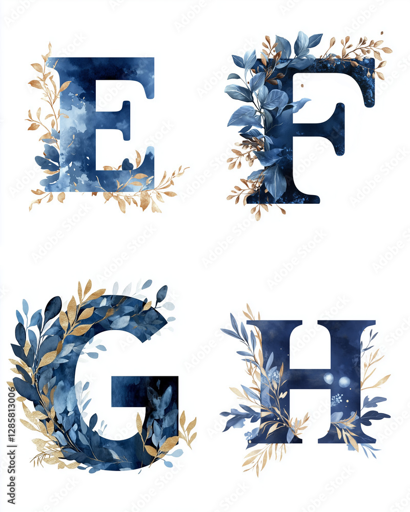 Watercolor dark blue foliage letters E, F, G, H with gold accents, elegant clip art for stickers Watercolor dark blue foliage letters E, F, G, H with gold accents, elegant clip art for stickers