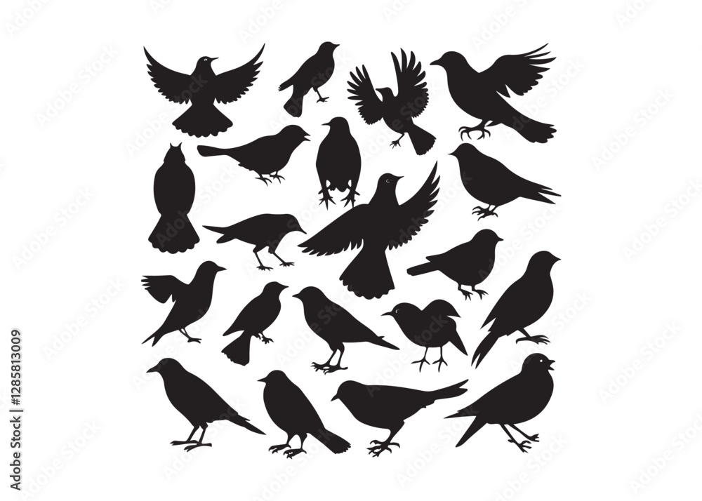 Fototapeta premium Black bird silhouettes, flying birds, bird icons, 25 bird graphics, animal illustrations