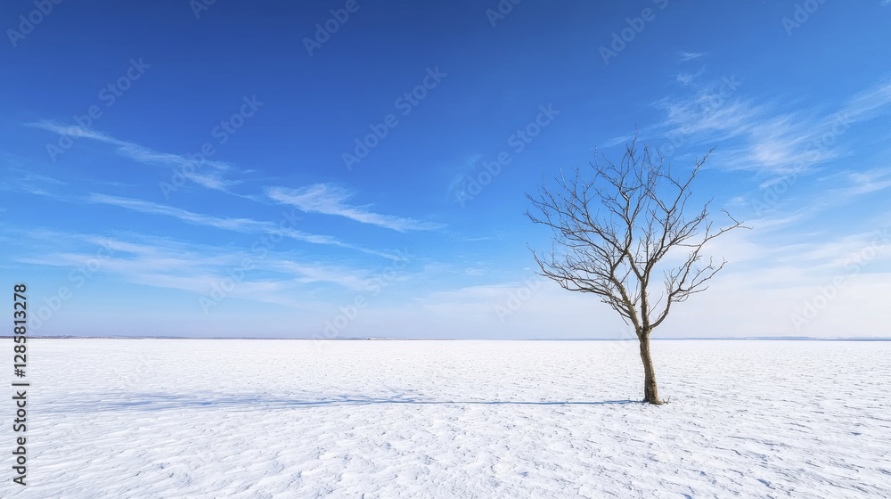 solitary tree stands in vast, snowy landscape under clear blue sky, evoking sense of tranquility and isolation