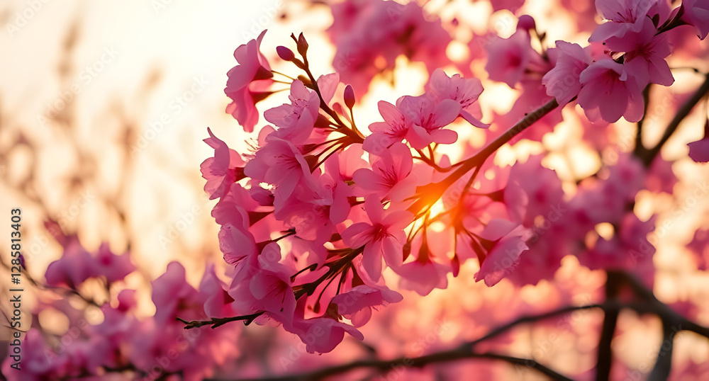 Obraz premium Sakura tree blooming at sunset background. Vibrant pink petals illuminated by golden light
