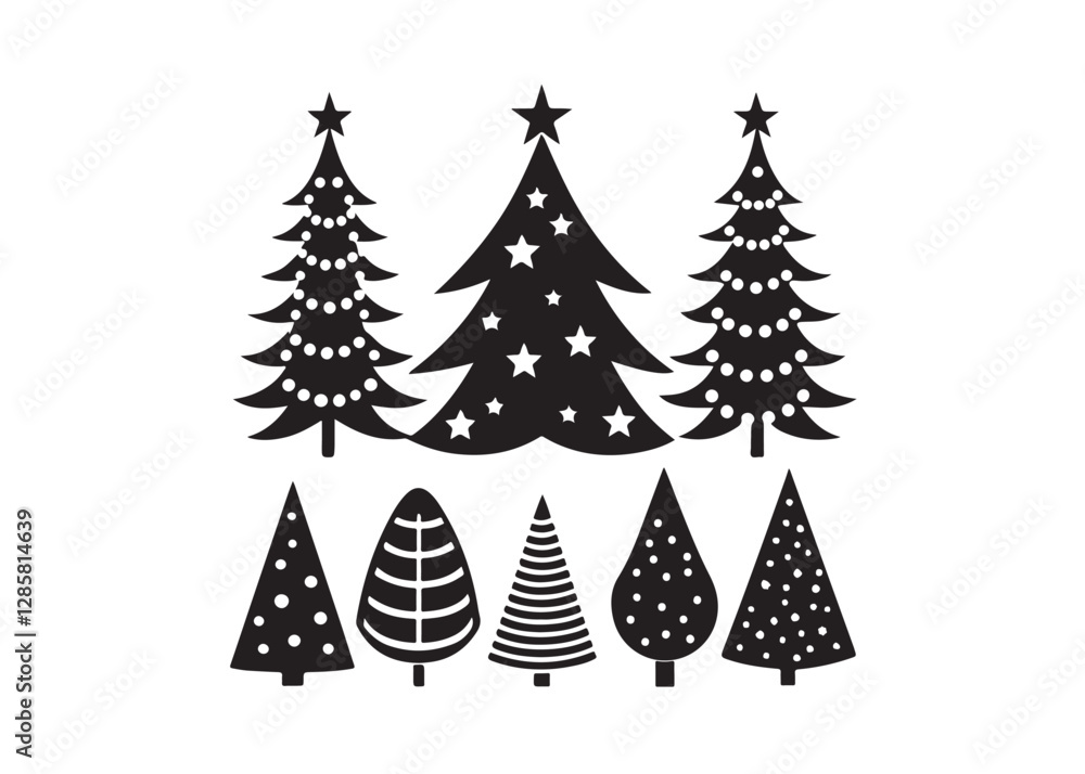 Obraz premium Christmas tree icons, black silhouette set, holiday decorations, festive symbols, vector graphics
