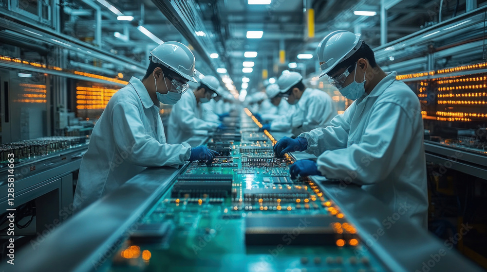 Fototapeta premium A clean and efficient electronics manufacturing factory with workers assembling circuit boards