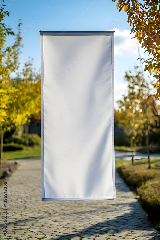 Blank Hanging Banner in Scenic Park Pathway with Autumn Foliage : Generative AI Blank Hanging Banner in Scenic Park Pathway with Autumn Foliage : Generative AI