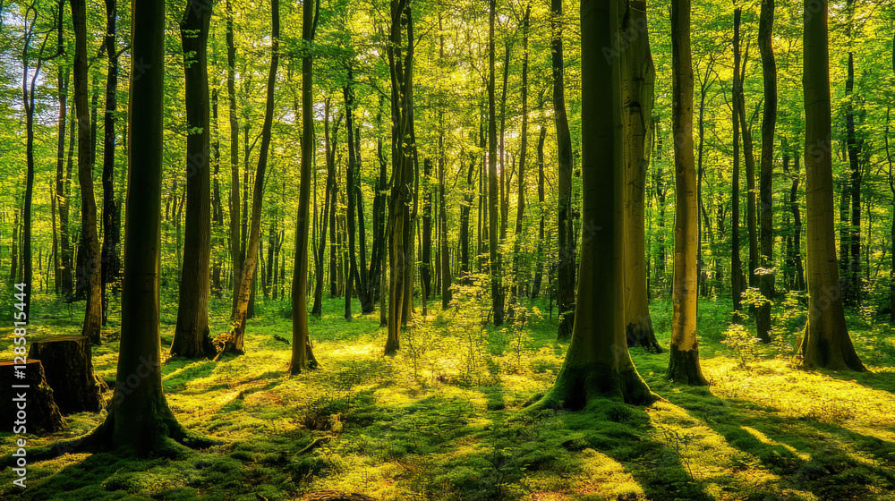 Naklejka premium A tranquil forest scene with tall, lush trees basking in vibrant green sunlight, creating a peaceful atmosphere.