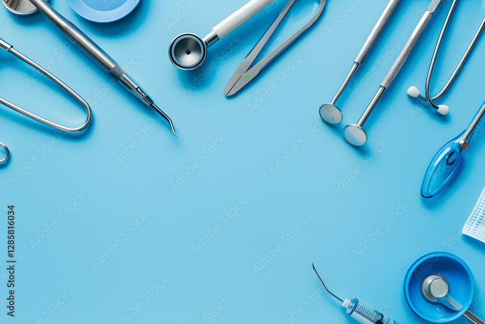 A collection of dental instruments and tools arranged on a blue background for medical use A collection of dental instruments and tools arranged on a blue background for medical use