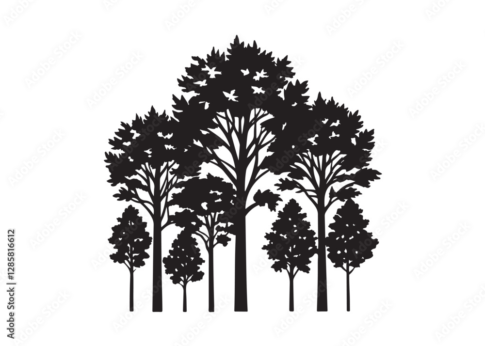 Fototapeta premium Tree silhouettes, forest icons, black trees, landscape graphics, vector illustrations
