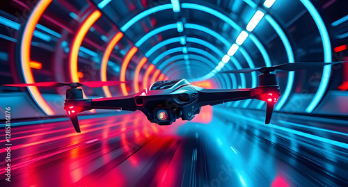 Futuristic racing drone speeding through neon tunnels background. High-tech agility on display