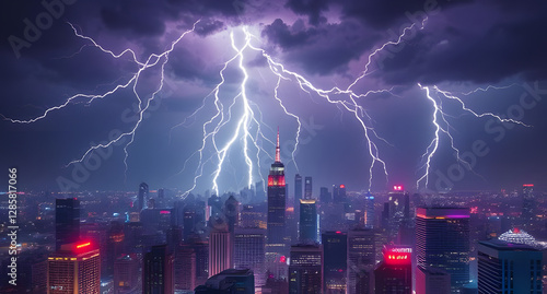 Electric storm over a cyberpunk skyline background. Neon city under chaotic lightning strikes