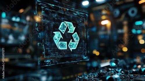 Profile view of a circular economy concept represented by a digital recycling symbol in a high-tech environment showcasing sustainability and innovation