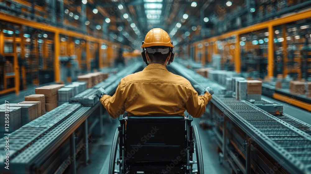 A factory worker in a wheelchair operating a robotic arm in a high-tech manufacturing plant A factory worker in a wheelchair operating a robotic arm in a high-tech manufacturing plant