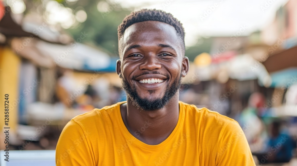 Smiling NGO Volunteer Engaging with Community While Distributing Aid to Refugees in a Vibrant Market Setting Smiling NGO Volunteer Engaging with Community While Distributing Aid to Refugees in a Vibrant Market Setting
