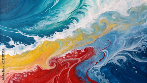 abstract art surreal acrylic water paint texture background with liquid curve wavy lines forms in blue red white yellow mix color texture