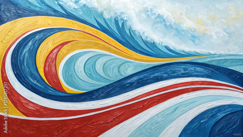abstract art surreal acrylic water paint texture background with liquid curve wavy lines forms in blue red white yellow mix color texture