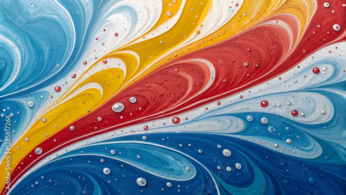 abstract art surreal acrylic water paint texture background with liquid curve wavy lines forms in blue red white yellow mix color texture