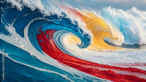 abstract art surreal acrylic water paint texture background with liquid curve wavy lines forms in blue red white yellow mix color texture