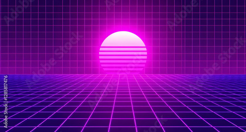 Retro vaporwave grid background. Neon pink and blue 80s aesthetic. Digital sun in the distance