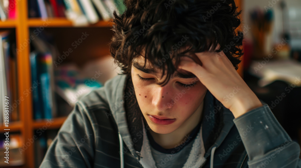 Focused student studying at home surrounded by books in a cozy room during the afternoon Focused student studying at home surrounded by books in a cozy room during the afternoon