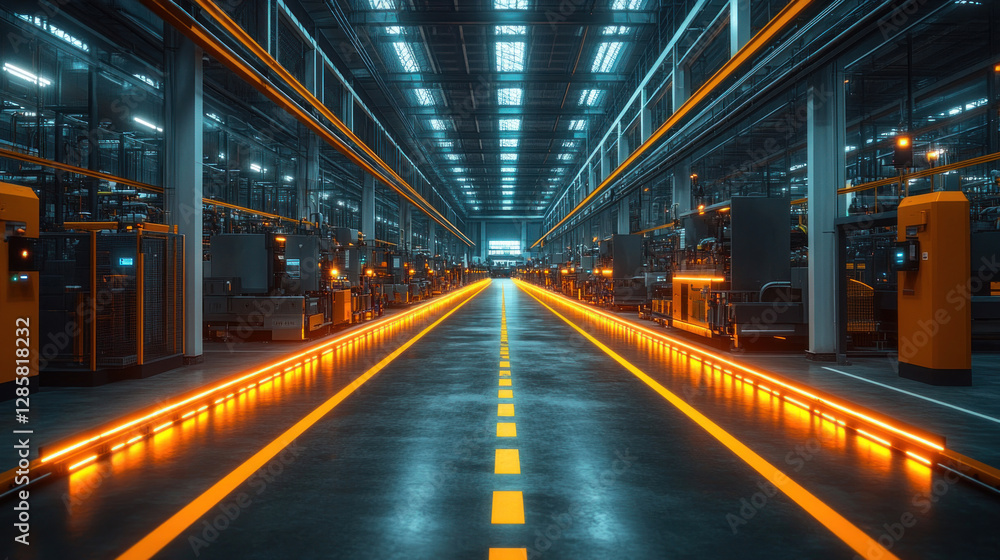Obraz premium A futuristic AI-assisted night shift factory, where machines and humans work in harmony